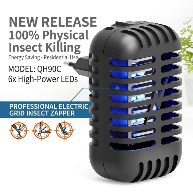 Kolma QH90C 2W Compact Plug-in LED Bug Zapper - Front View showing sleek black ABS housing and safety grid design.